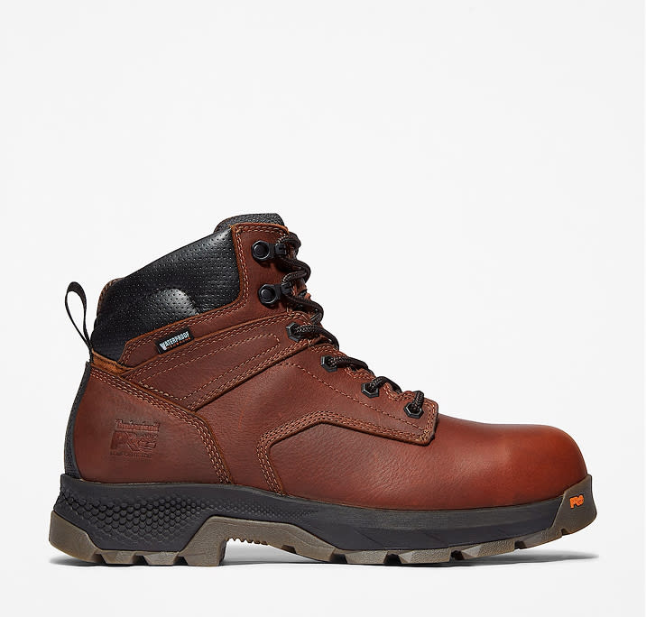 A brown leather work boot.