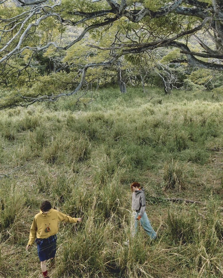 a pair of feet in hiking boots and red socks walking on a log
