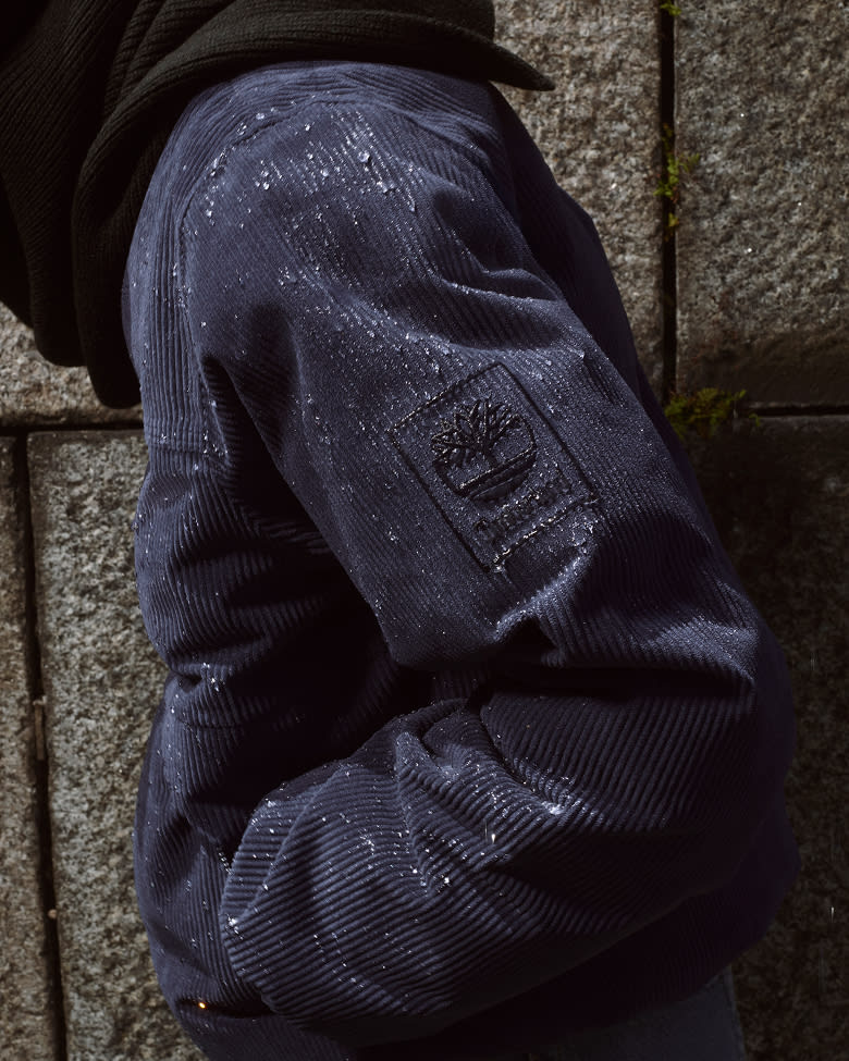 blue coat covered in water droplets