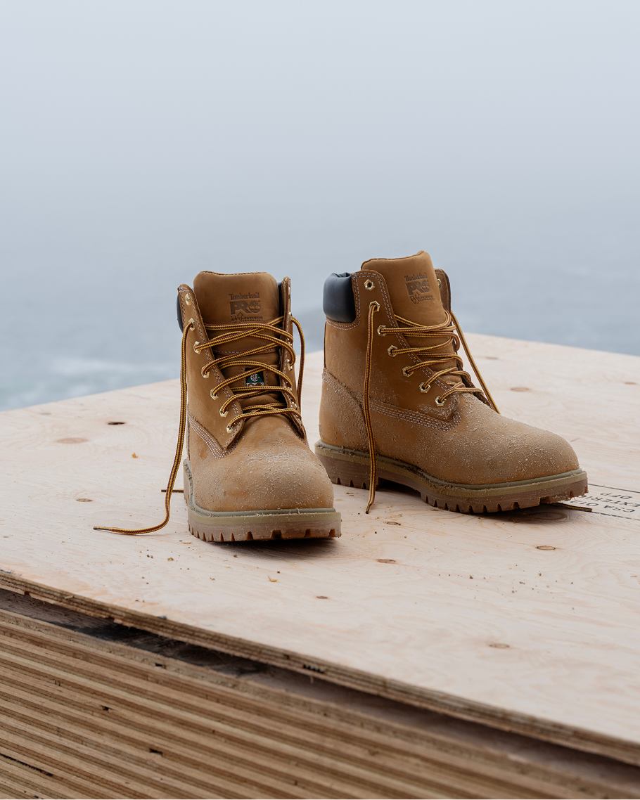 close up of one gray timberland boot in suede
