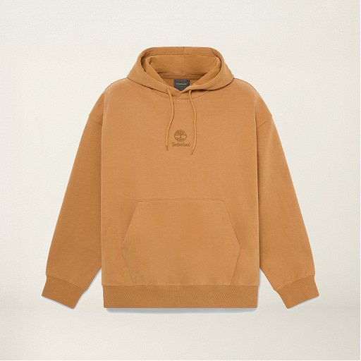 Camel-tan pullover hoodie with drawstring hood, kangaroo pocket, and embroidered Timberland tree logo on the chest.