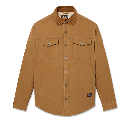 A warm tan colored shirt-jacket with a corduroy collar.
