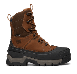 An above ankle work boot, with a tall leather upper and black rubber lower.