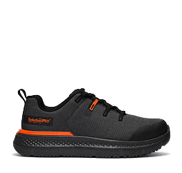 A dark grey work sneaker with black and orange accents.