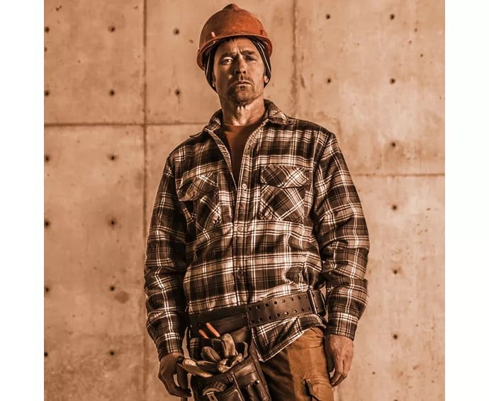 Construction Worker wearing a plaid shirt and hardhat