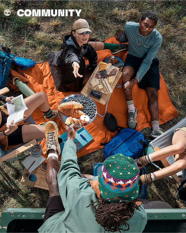grupo de personas sentadas sobre una manta en un campo haciendo un picnic.