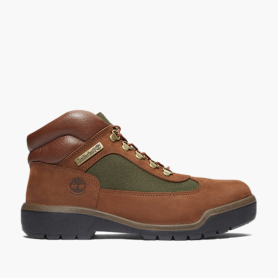 Brown and green Timberland® hiking boot. 