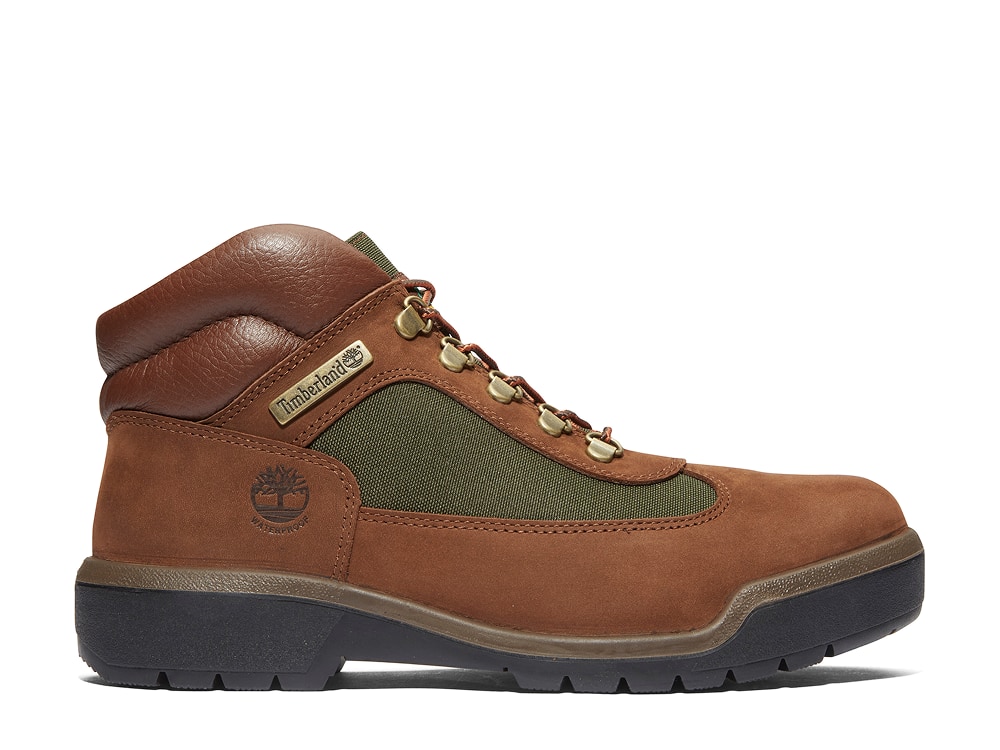 Brown and green Timberland® hiking boot. 