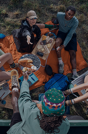 Amigos sentados alrededor de una manta, acampando y compartiendo bocadillos.