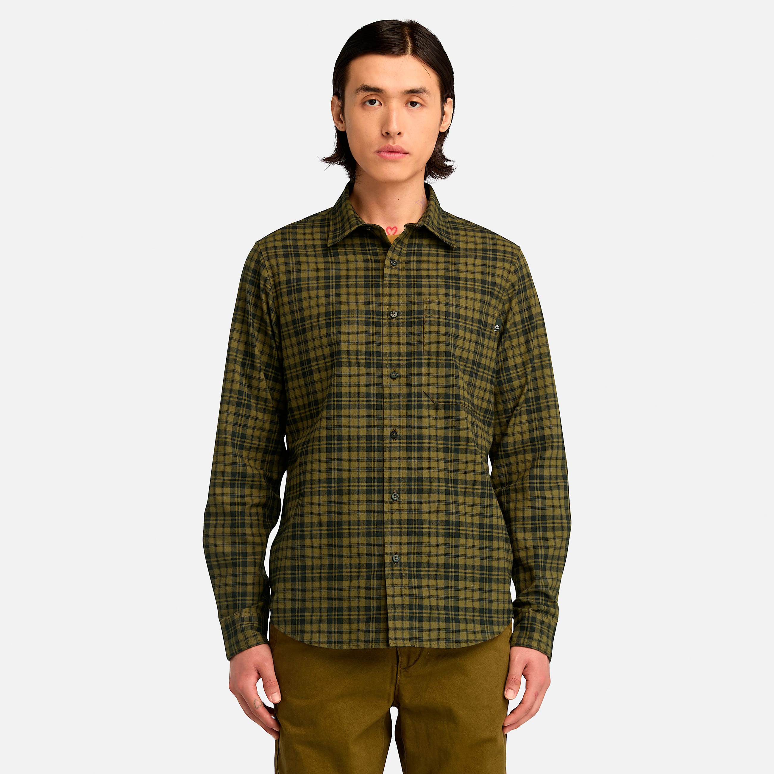 Mens Herringbone Flannel Plaid Shirt TBL Dark Olive HERO