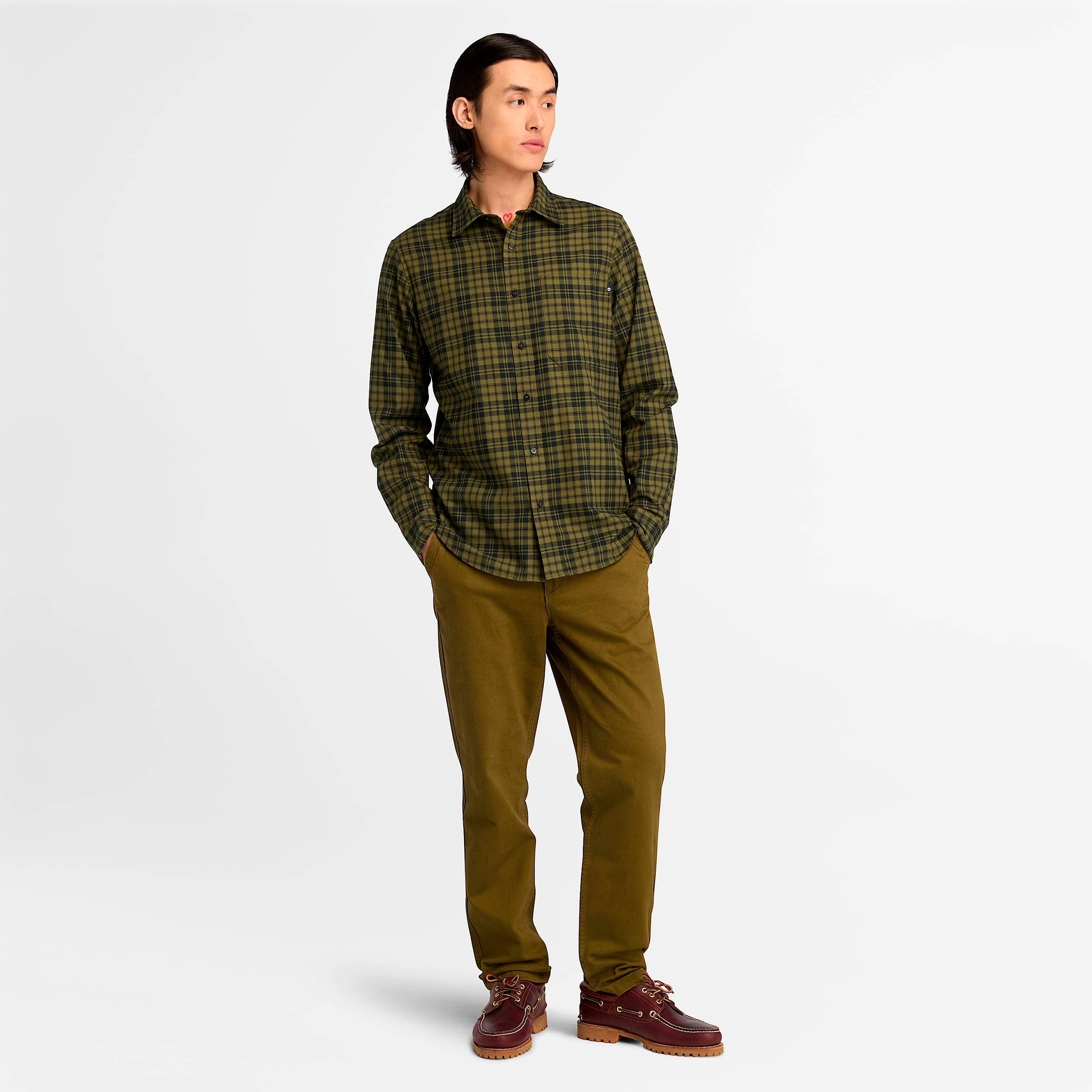 Mens Herringbone Flannel Plaid Shirt TBL Dark Olive ALT1