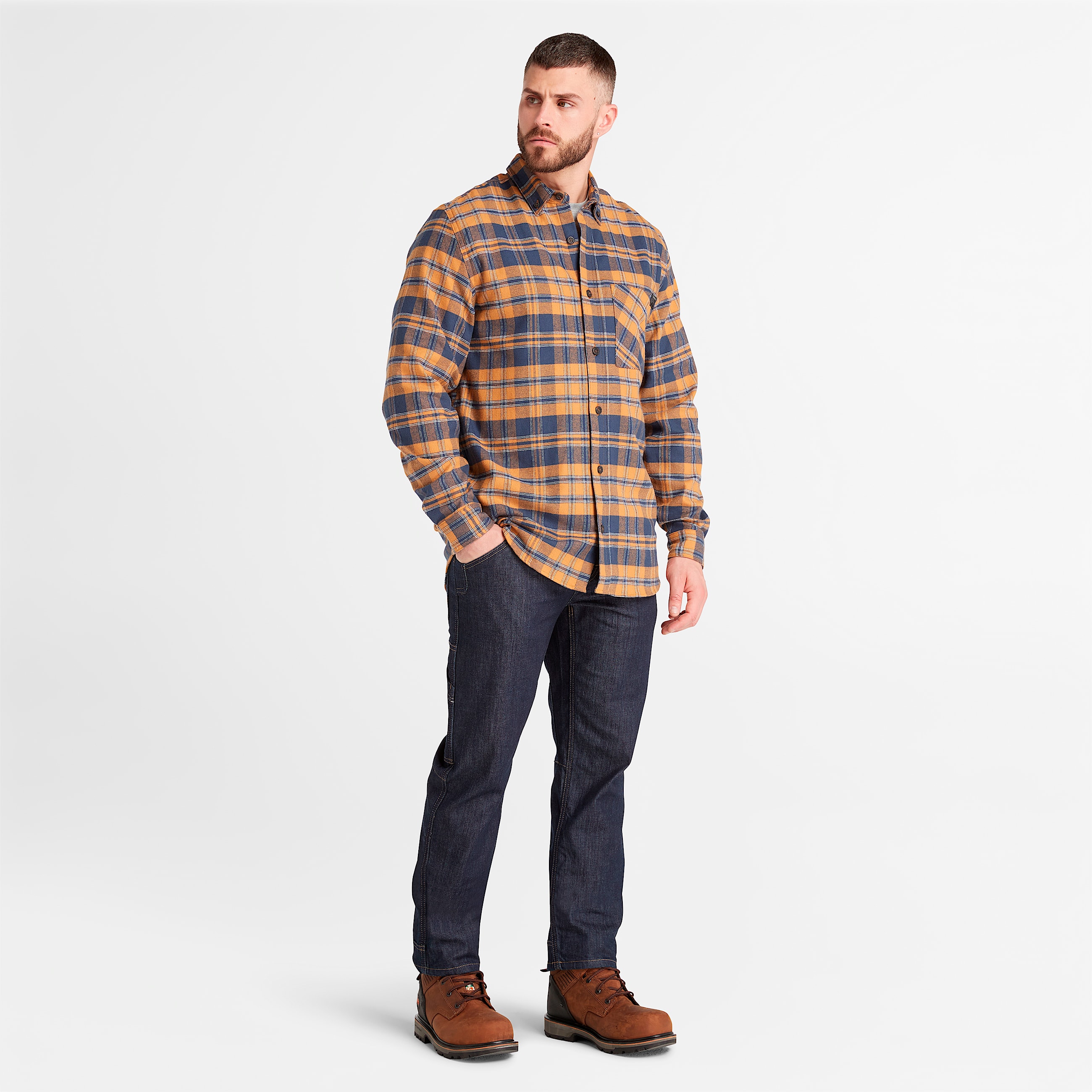 Mens Timberland PRO Woodfort Midweight Flannel Shirt TBL Wheat Boot YarnDyed ALT1