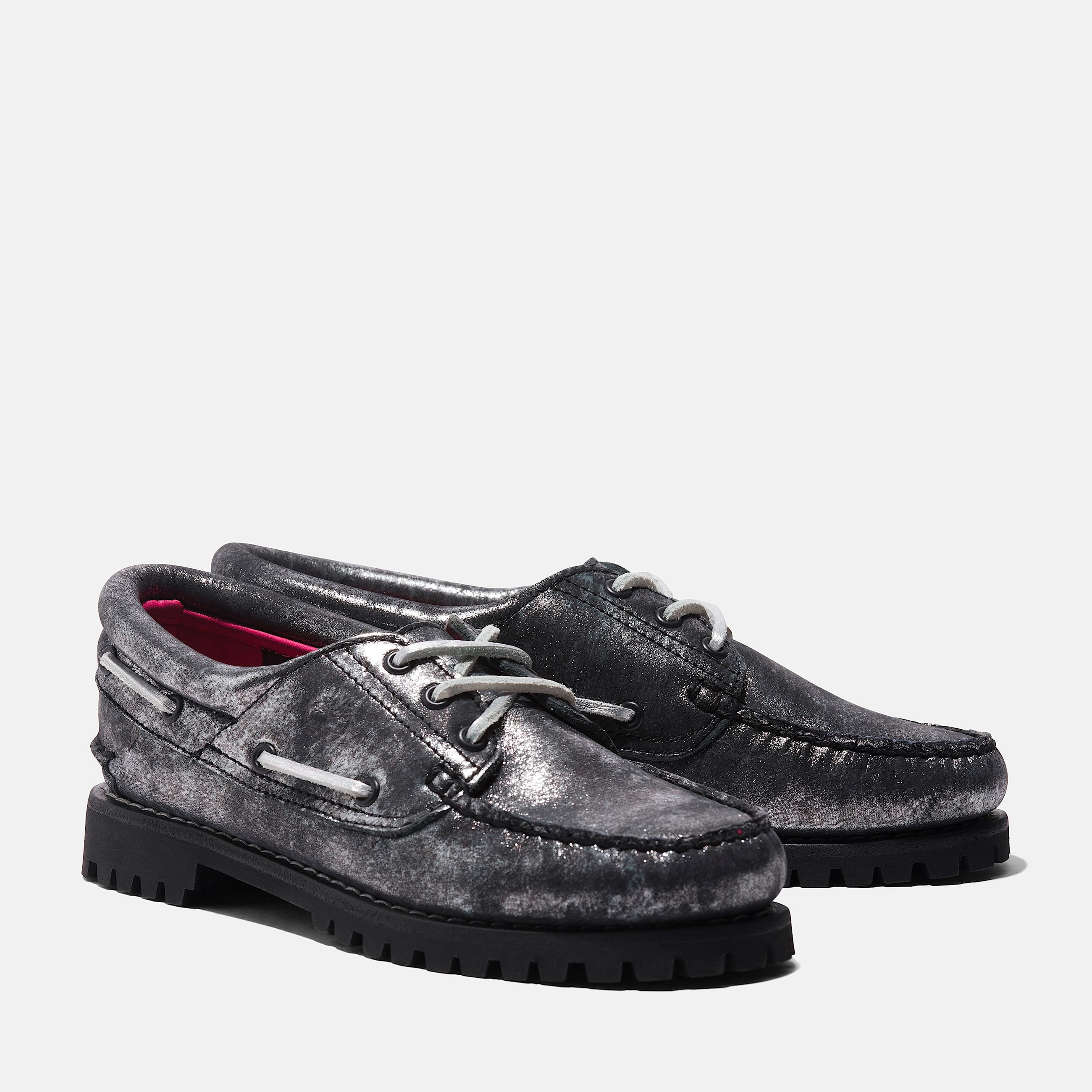 Womens Noreen 3Eye Lug Handsewn Boat Shoe TBL Black Metallic Leather ALT4