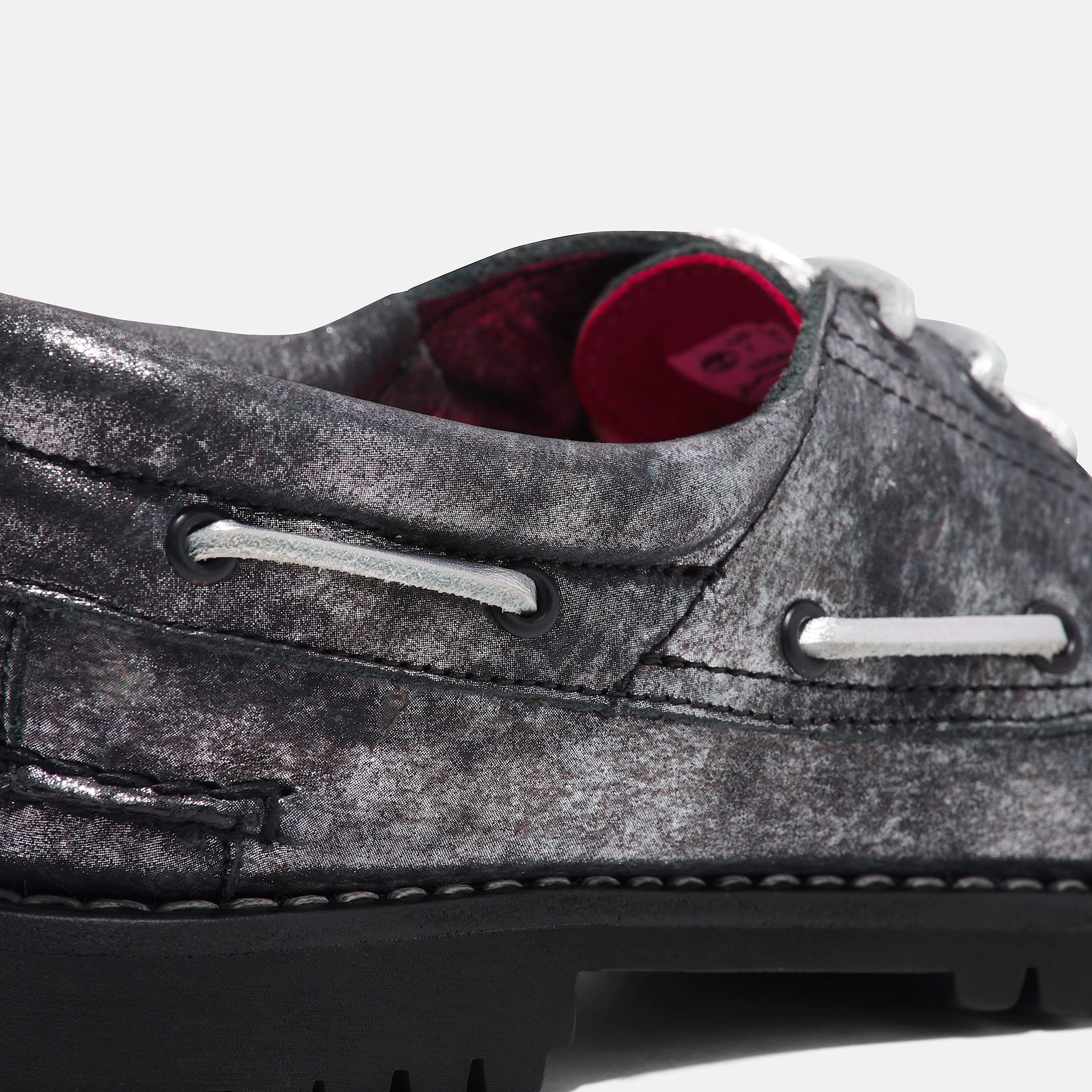 Womens Noreen 3Eye Lug Handsewn Boat Shoe TBL Black Metallic Leather ALT7