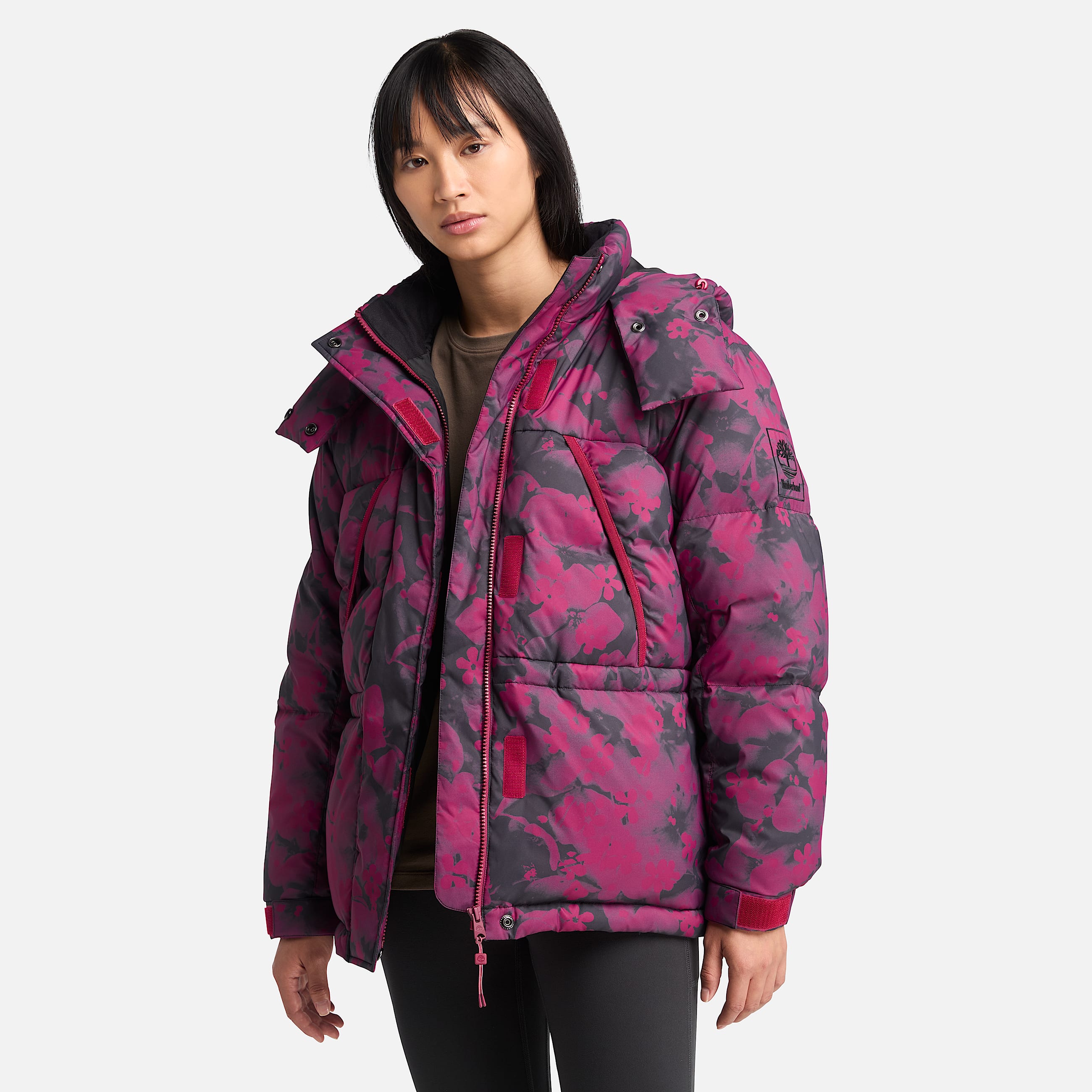 Womens Howker Recycled Down Puffer Jacket TBL Floral Red Beet Print HERO
