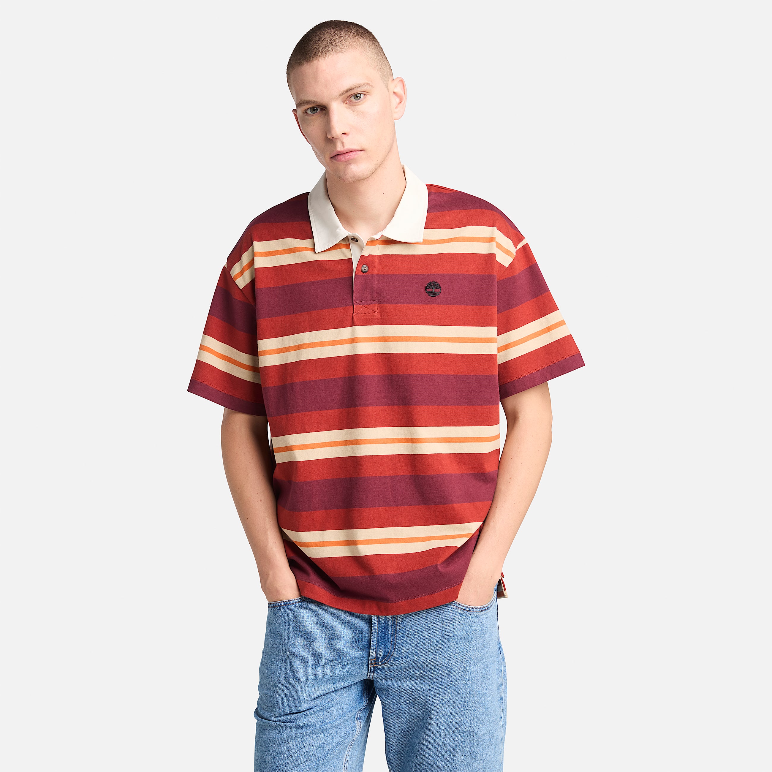 Mens ShortSleeve Striped Rugby Polo TBL Burnt Henna HERO