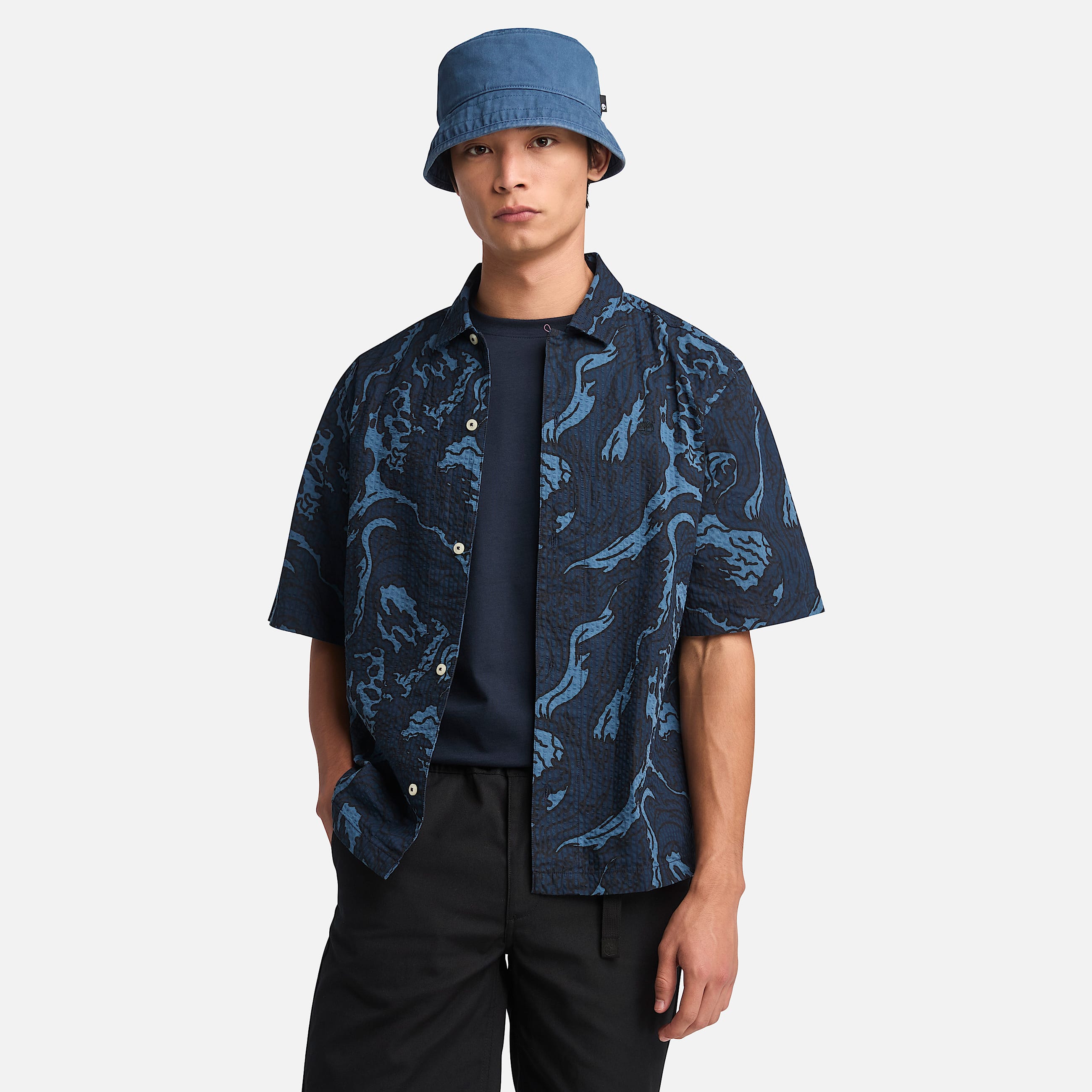 Mens Seersucker Graphic Resort Shirt TBL Coastal Dark Sapphire HERO