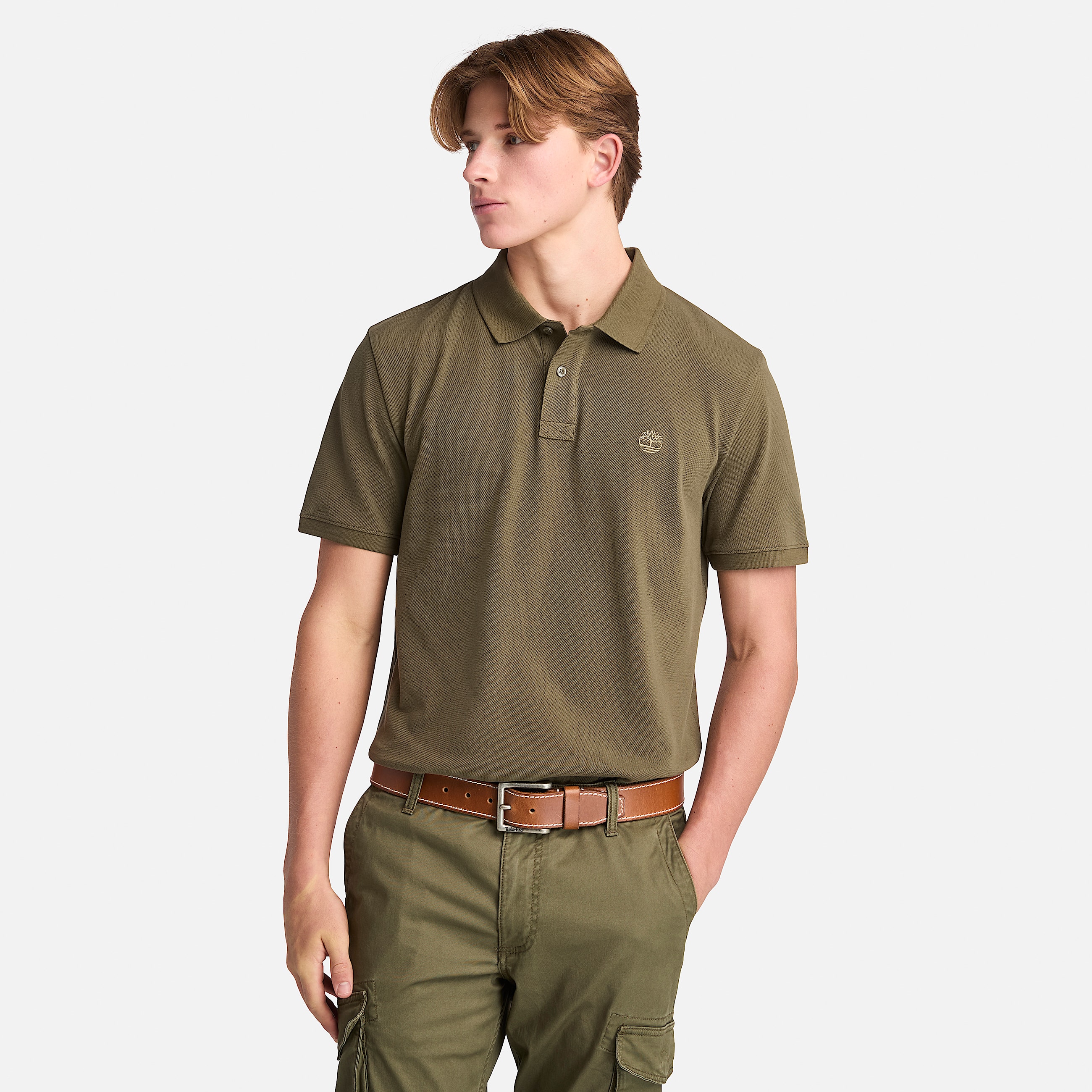 Mens Oyster River Chest Logo ShortSleeve Polo TBL Leaf GreenCassel Earth HERO
