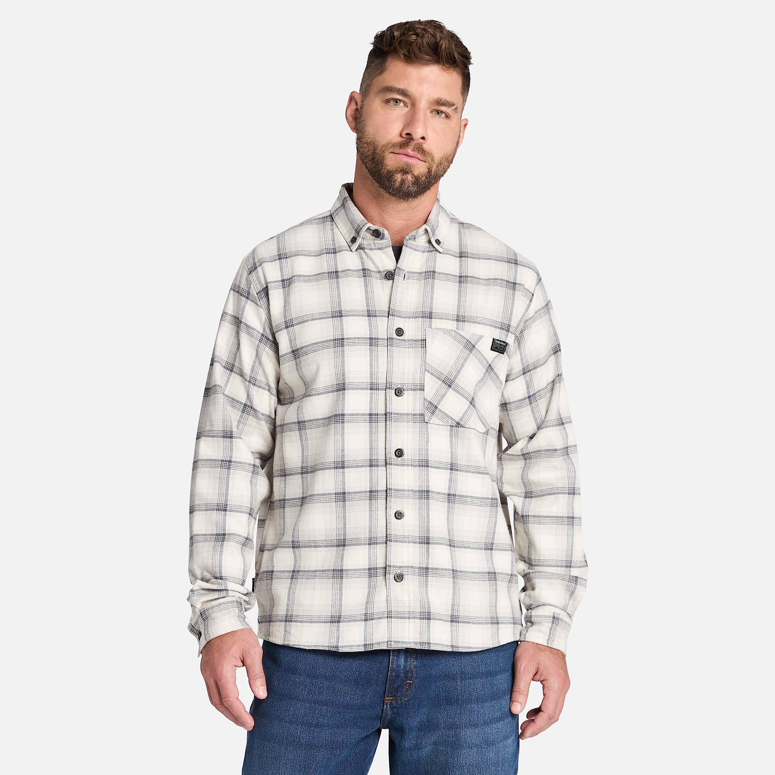 Camisa Woodfort Lightweight Flannel Flex para hombre TBL Blanco vintage teido en hilo HERO