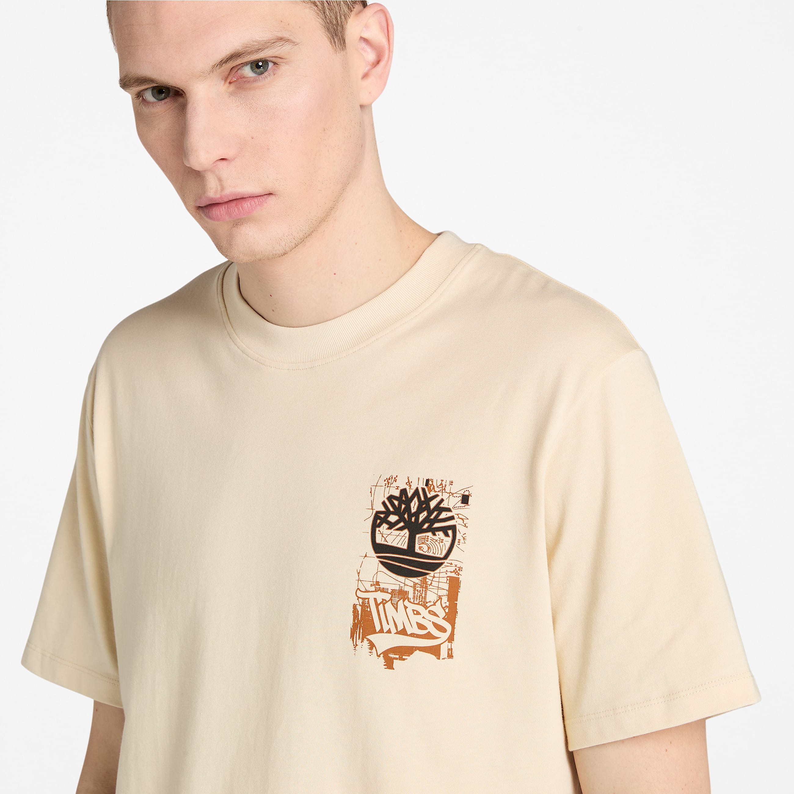 Mens Timberland Brand Carrier Slogan Back Graphic TShirt TBL Light Beige ALT2