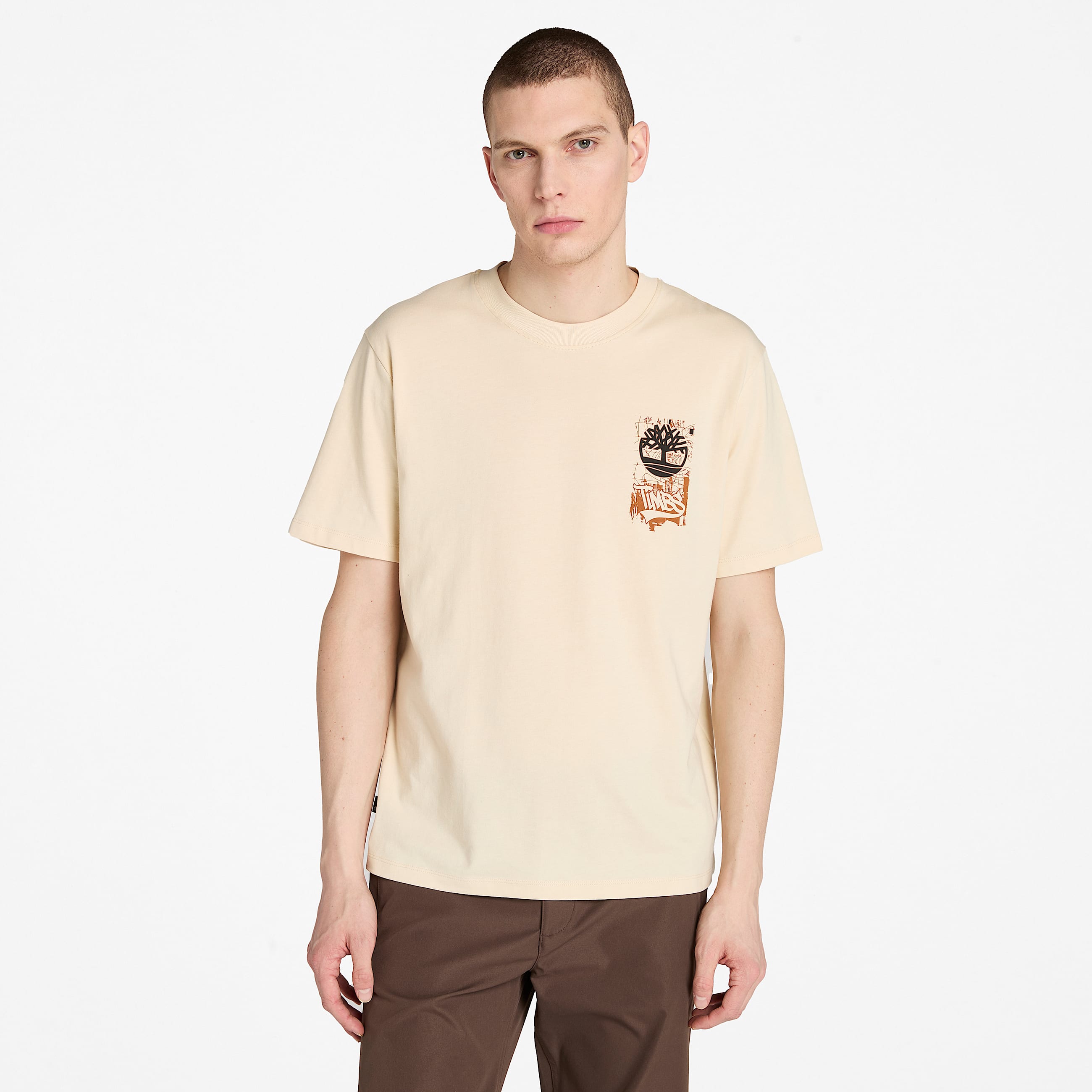 Mens Timberland Brand Carrier Slogan Back Graphic TShirt TBL Light Beige HERO