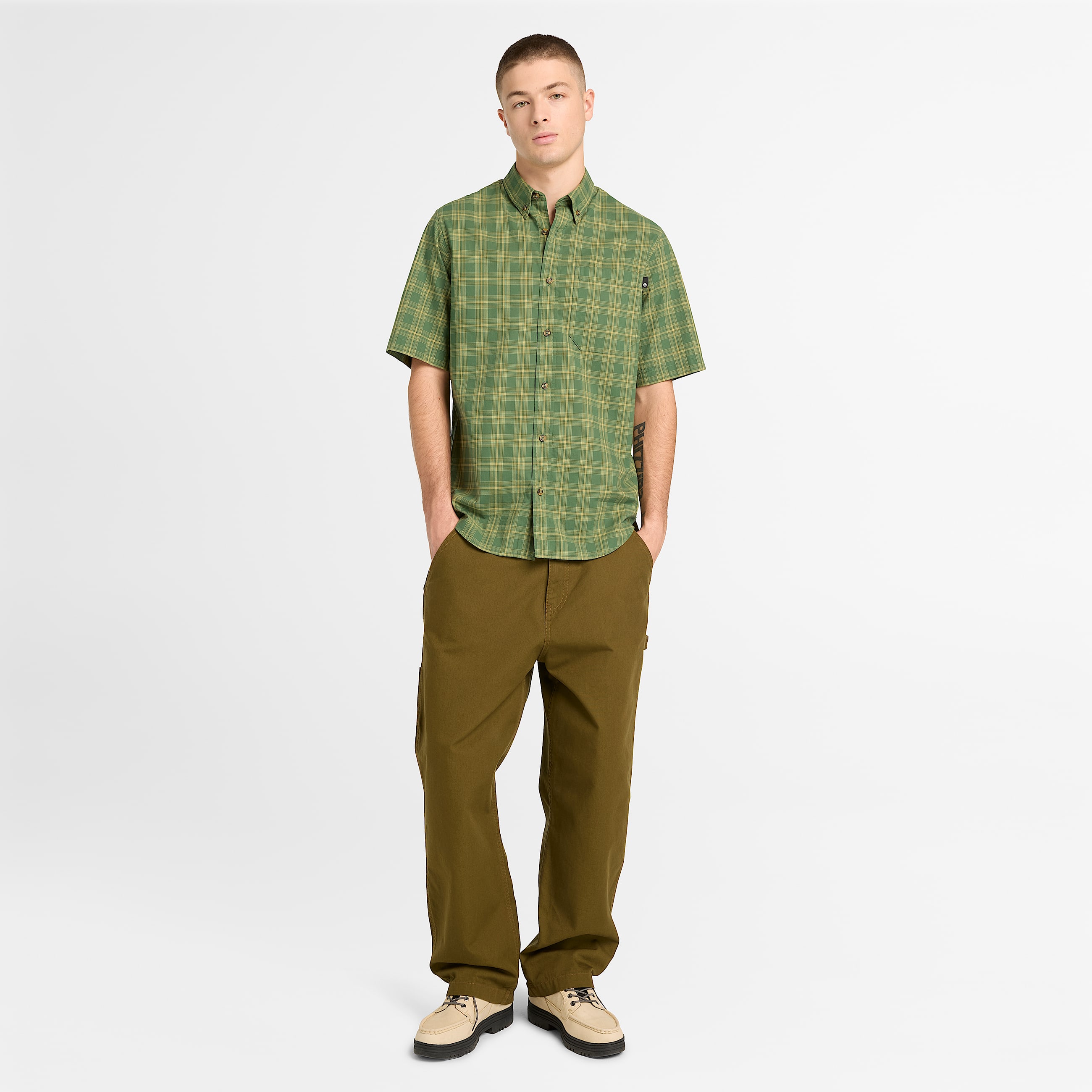 Mens Checkered Poplin ShortSleeve Shirt TBL Forest Green ALT2