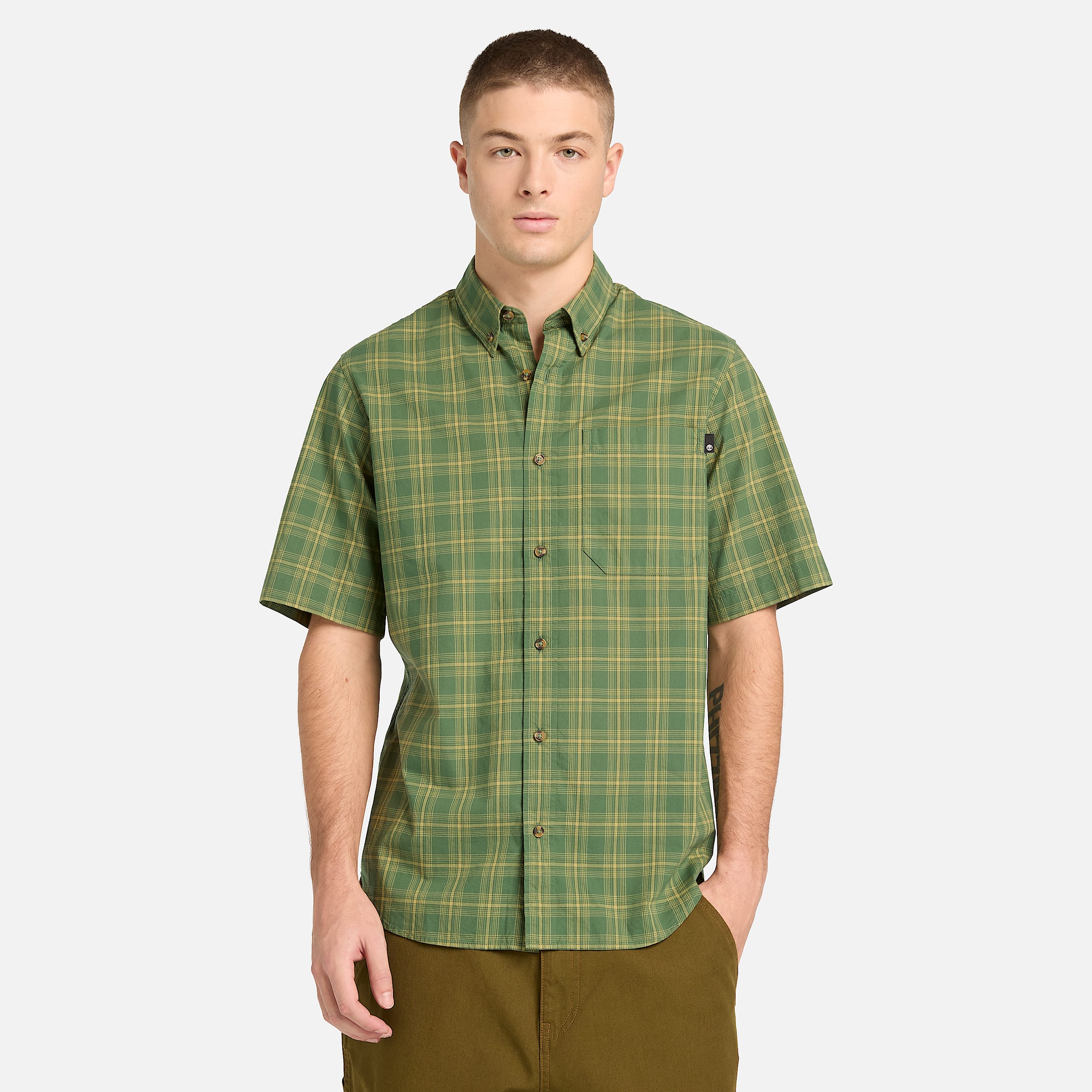 Mens Checkered Poplin ShortSleeve Shirt TBL Forest Green ALT1