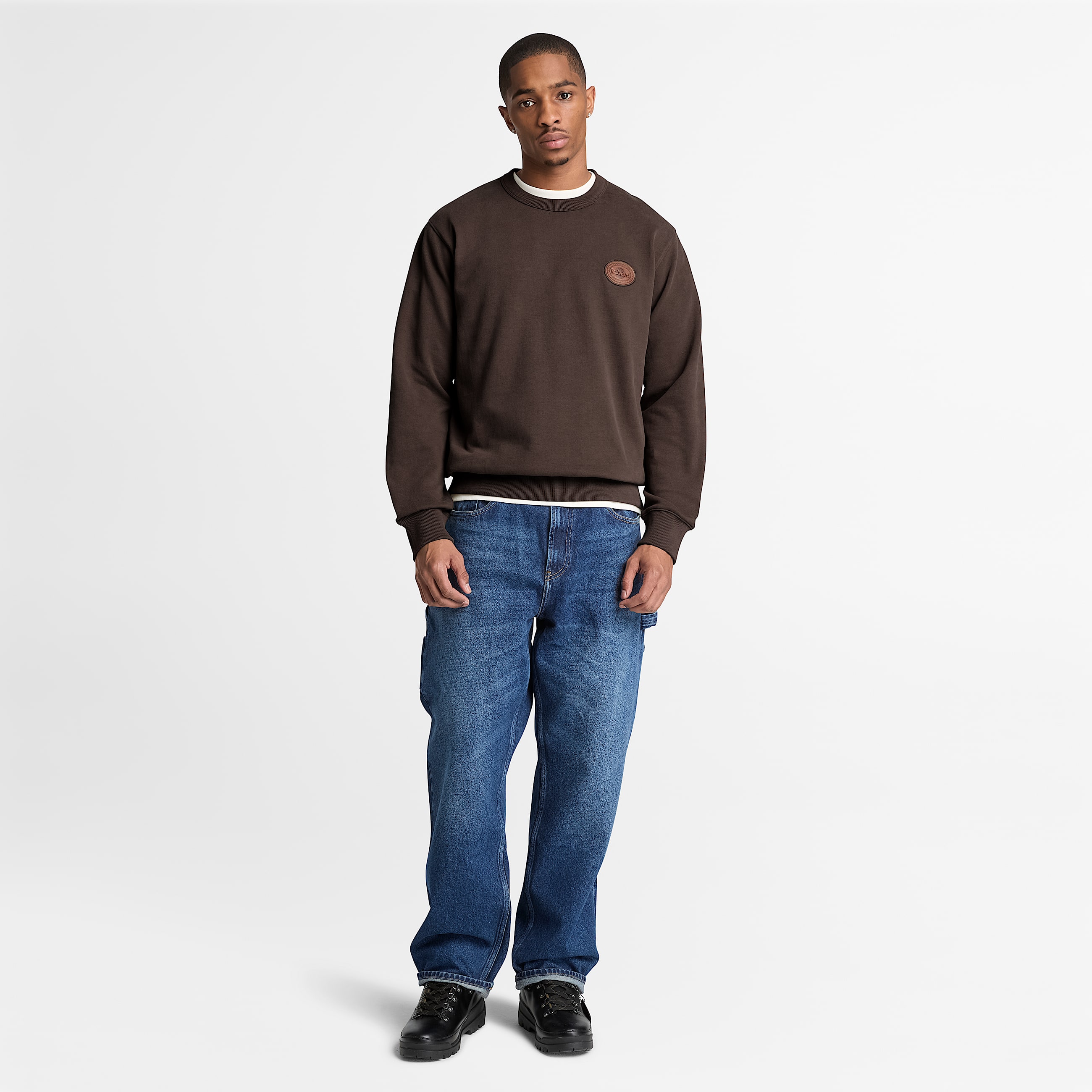 Mens Leather Patch Crew Sweatshirt TBL Dark Brown ALT2
