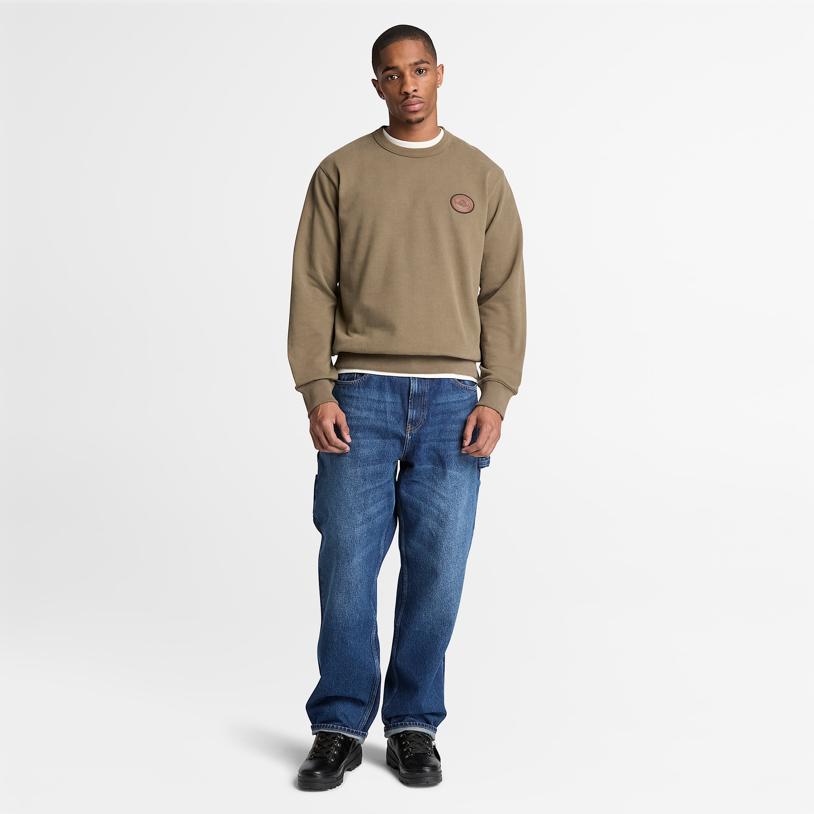 Mens Leather Patch Crew Sweatshirt TBL Dark Olive ALT2