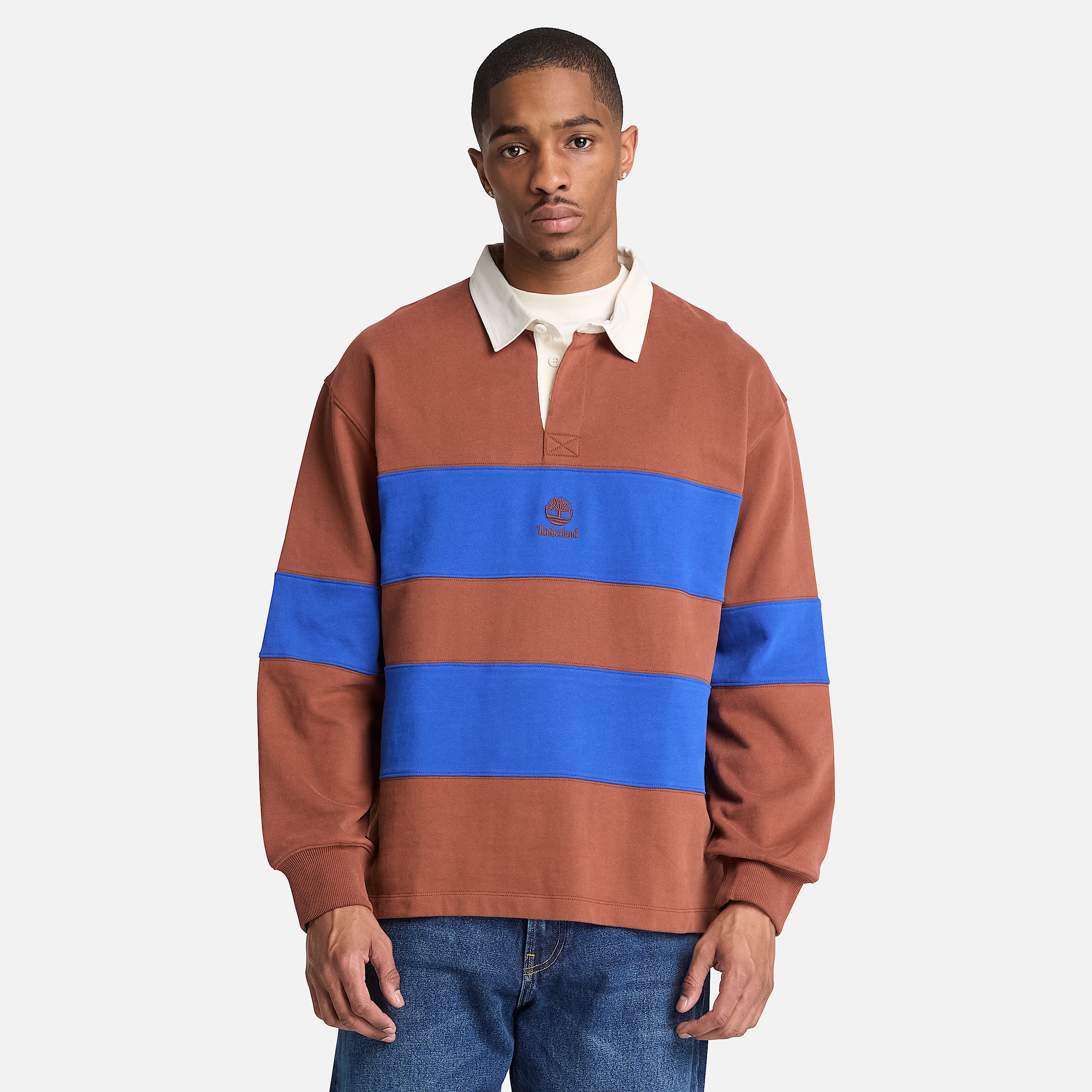 Mens Rugby Polo Sweatshirt TBL BrownBlue Stripe ALT1