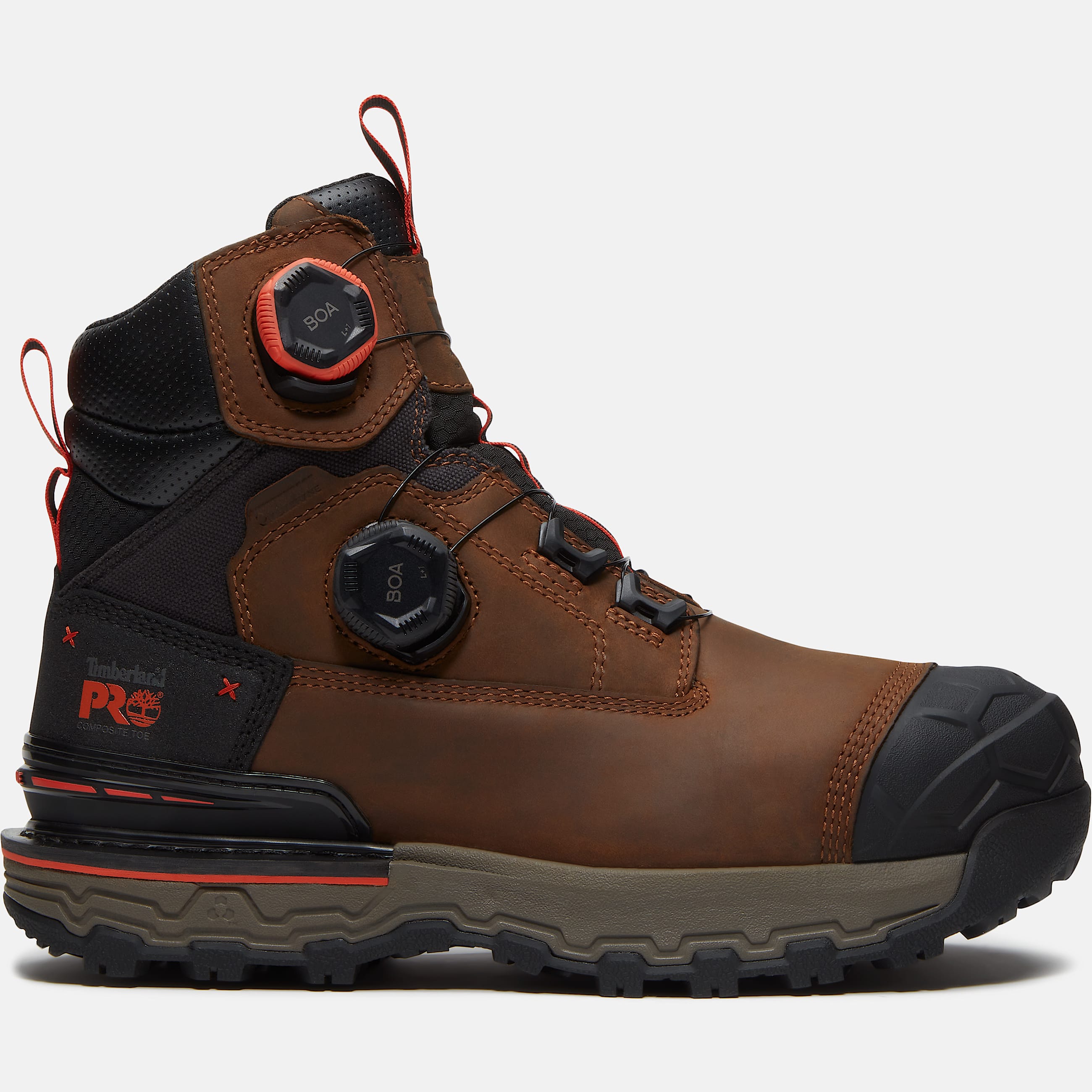 Mens Timberland PRO Boondock Ultralight 6 CompositeToe Work Boot with BOA Fit System TBL Brown FullGrainOrange HERO