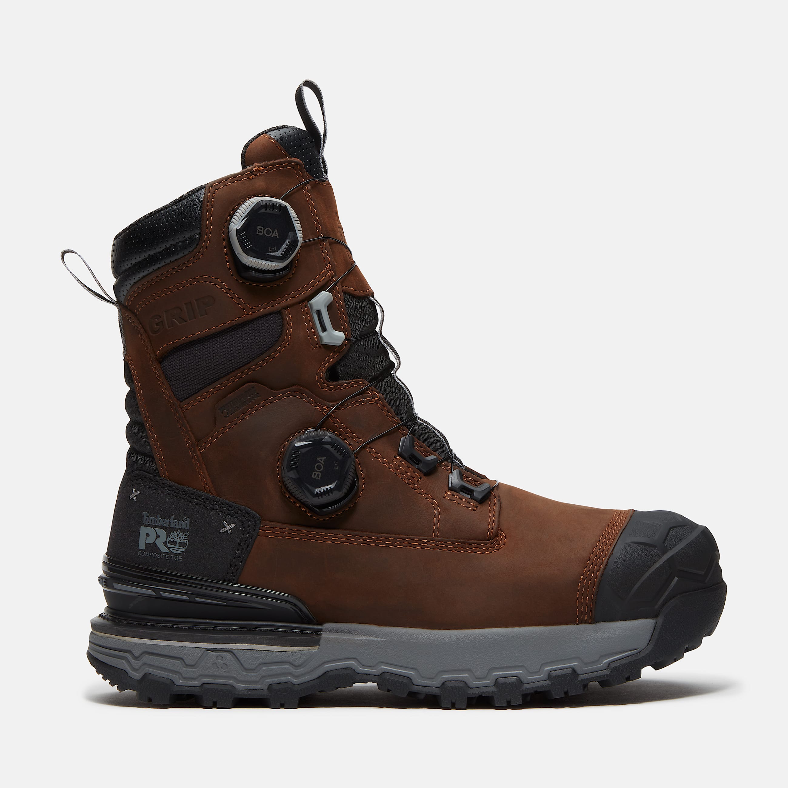 Mens Timberland PRO Boondock Ultralight 8 CompositeToe Work Boot with BOA Fit System TBL Brown FullGrainGrey HERO