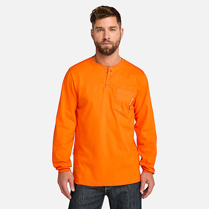 Mens Timberland PRO Cotton Core FlameResistant LongSleeve Henley TBL Blaze Orange HERO