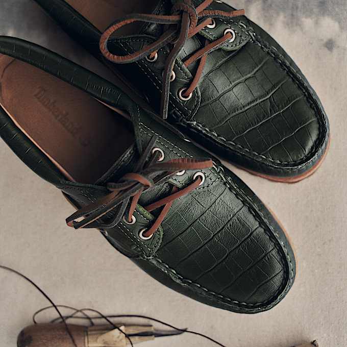 Womens Timberland Authentic 3Eye Boat Shoe TBL Dark Green FullGrain Croco ALTA