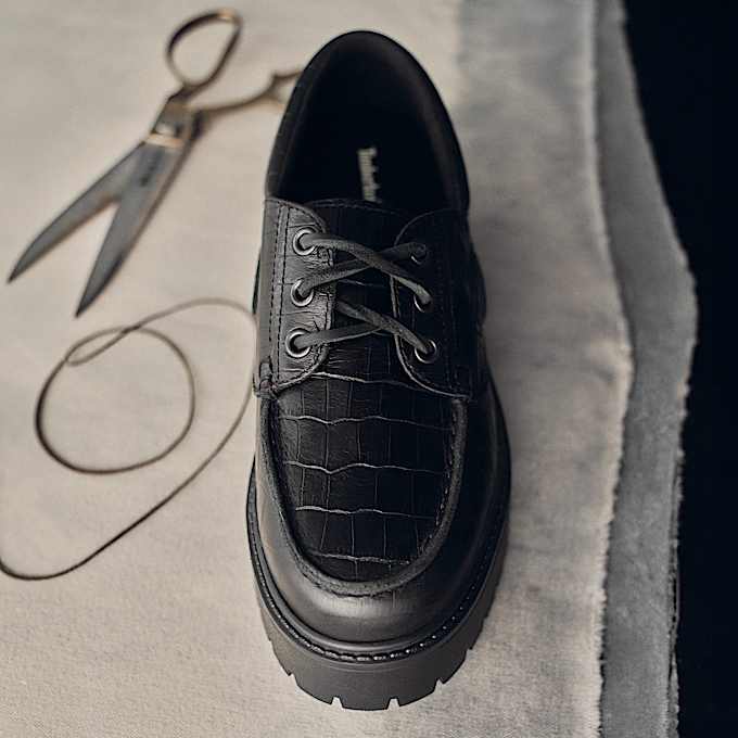 Womens Stone Street Platform Boat Shoe TBL Black FullGrain Croc ALTB