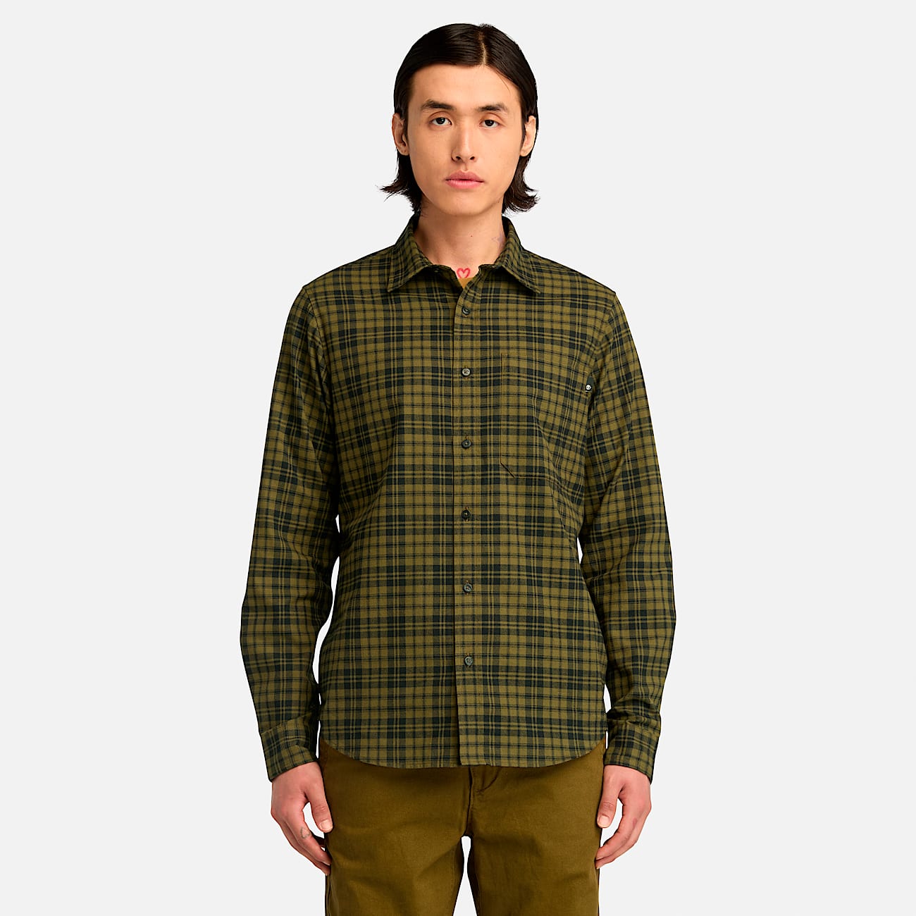 Mens Herringbone Flannel Plaid Shirt TBL Dark Olive HERO