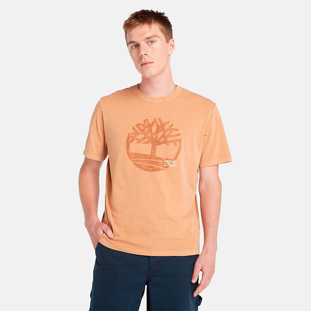 Mens Merrymack River Garment Dye Logo Graphic TShirt TBL Wheat Boot HERO