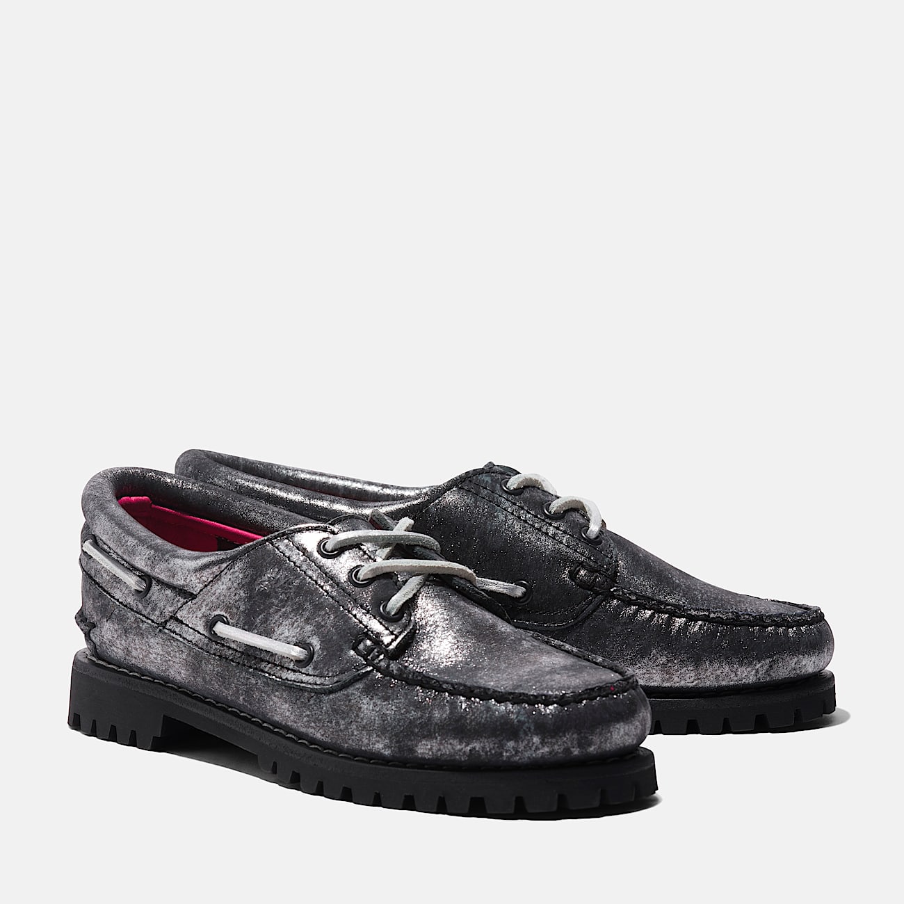 Womens Noreen 3Eye Lug Handsewn Boat Shoe TBL Black Metallic Leather ALT4