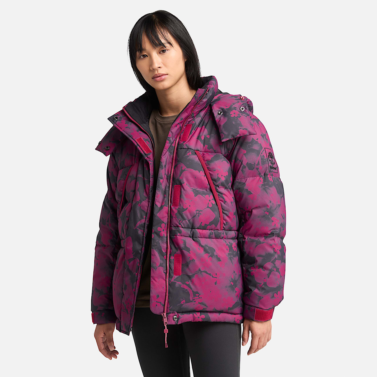 Womens Howker Recycled Down Puffer Jacket TBL Floral Red Beet Print HERO