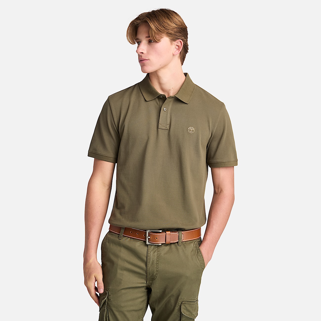 Mens Oyster River Chest Logo ShortSleeve Polo TBL Leaf GreenCassel Earth HERO