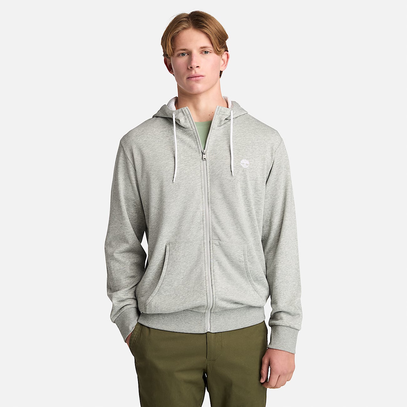 Mens Oyster River Chest Logo FullZip Hoodie TBL Medium Grey HeatherWhite HERO