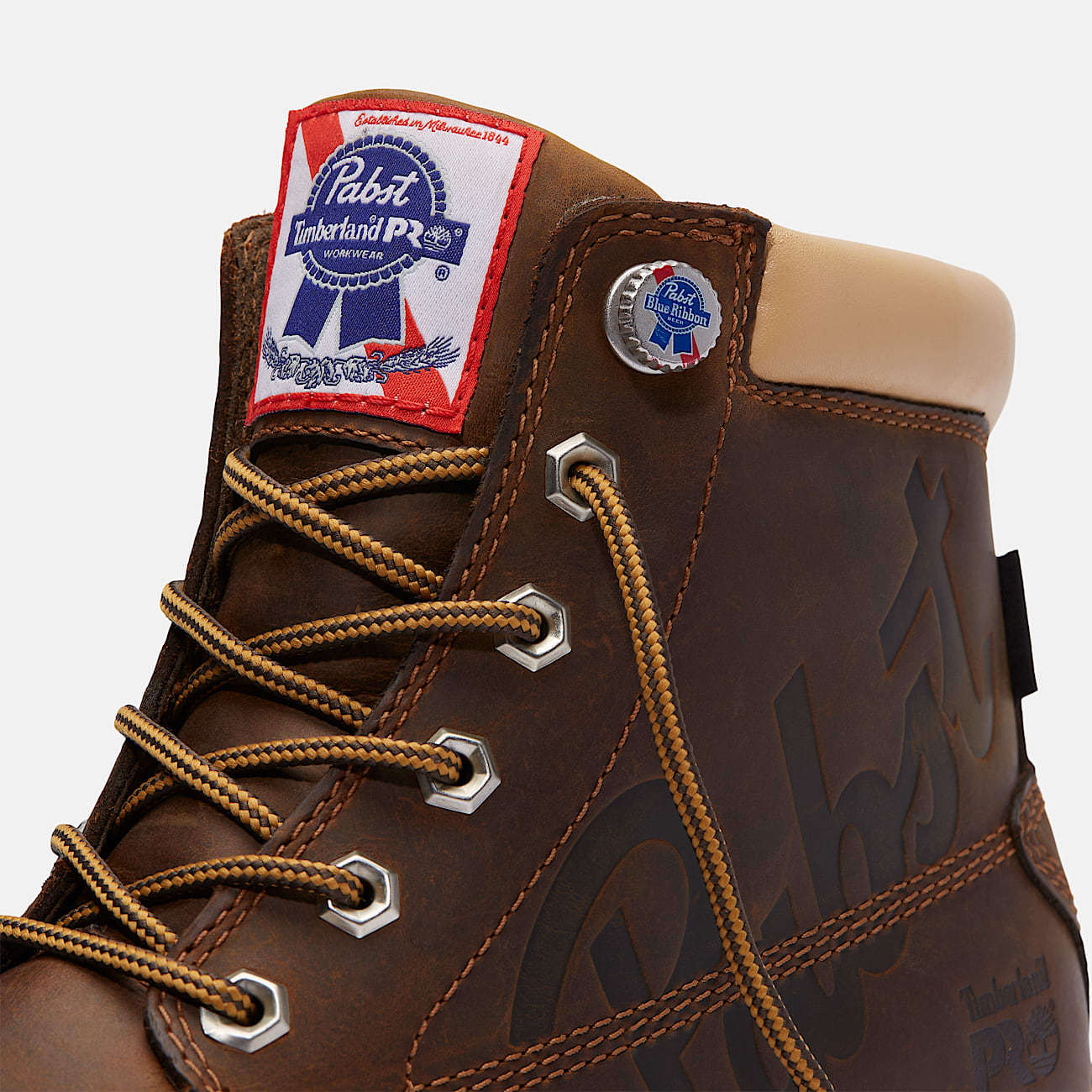 Mens Timberland PRO and Pabst Blue Ribbon Gridworks 6 Soft Toe Waterproof Work Boot TBL Brown FullGrain ALT7