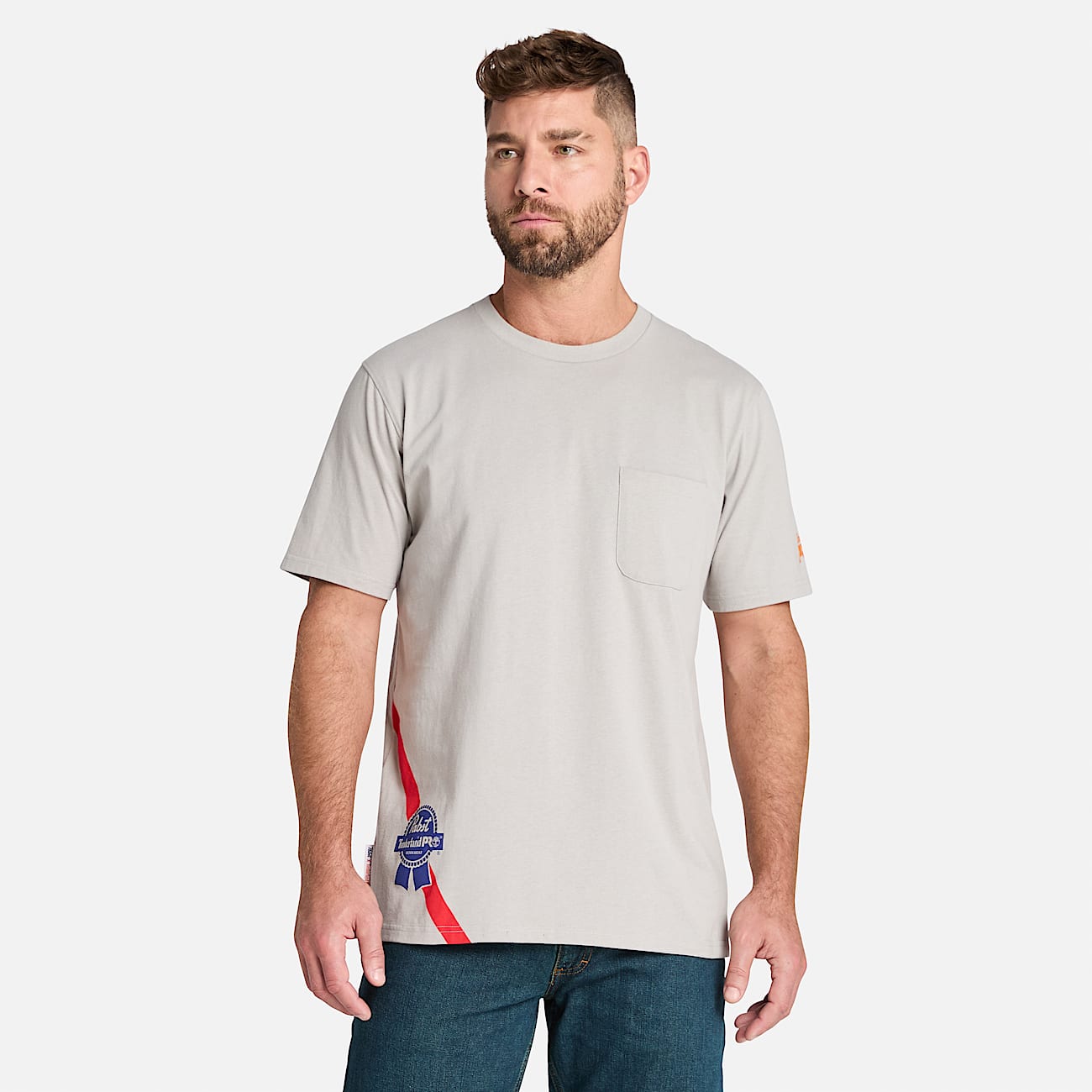 Mens Timberland PRO and Pabst Blue Ribbon Short Sleeve TShirt TBL Light Grey HERO
