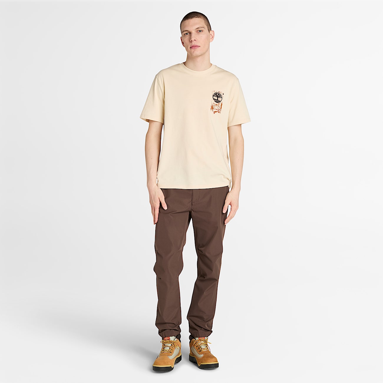 Mens Timberland Brand Carrier Slogan Back Graphic TShirt TBL Light Beige ALT1