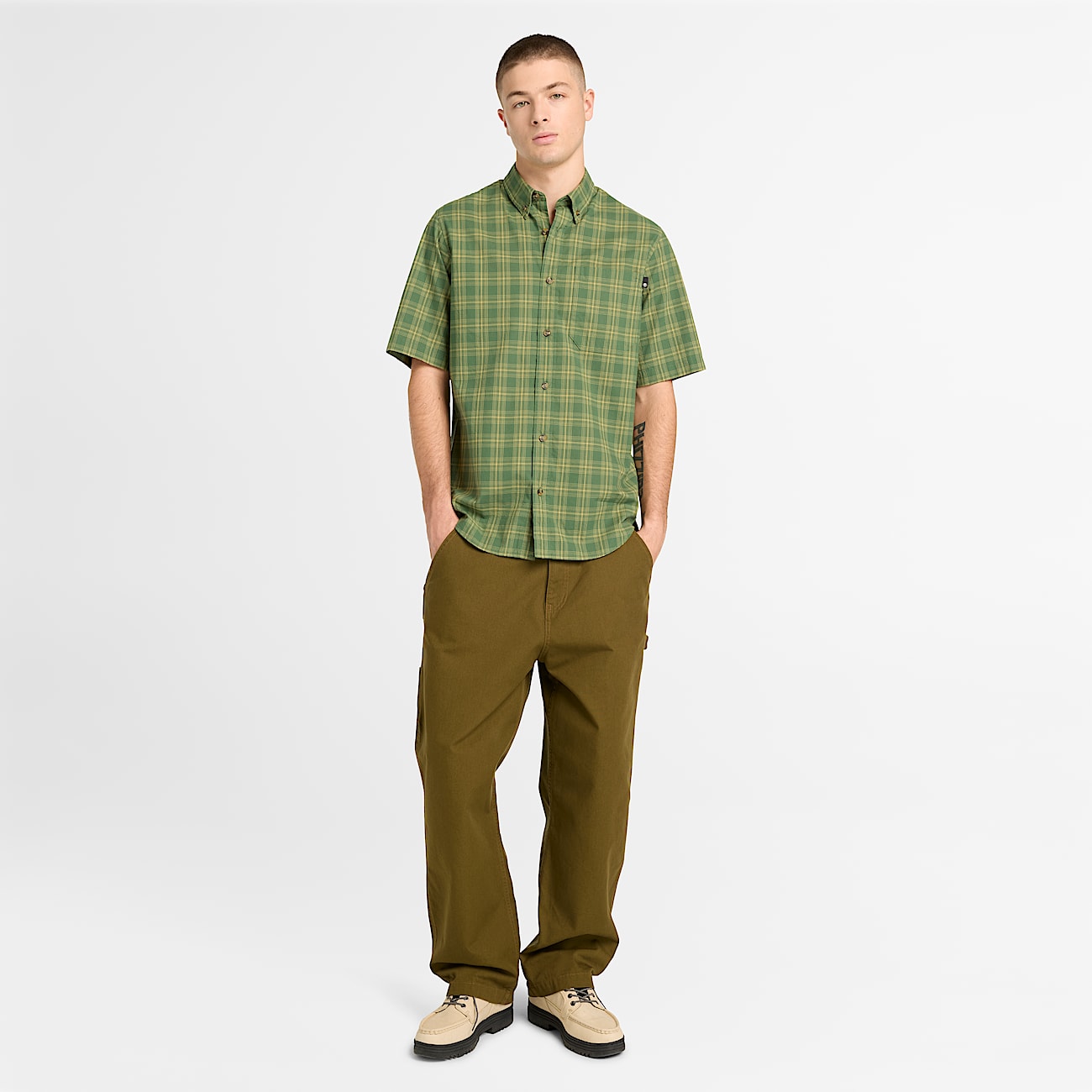 Mens Checkered Poplin ShortSleeve Shirt TBL Forest Green ALT2