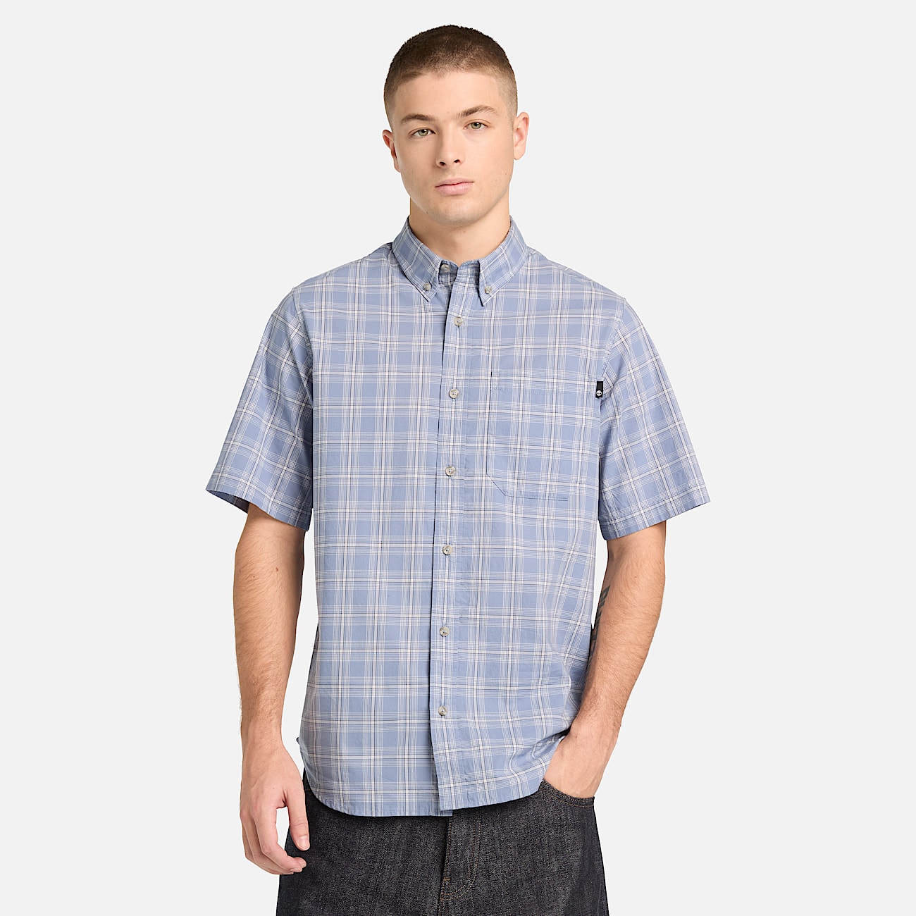 Mens Checkered Poplin ShortSleeve Shirt TBL Stone Wash ALT1