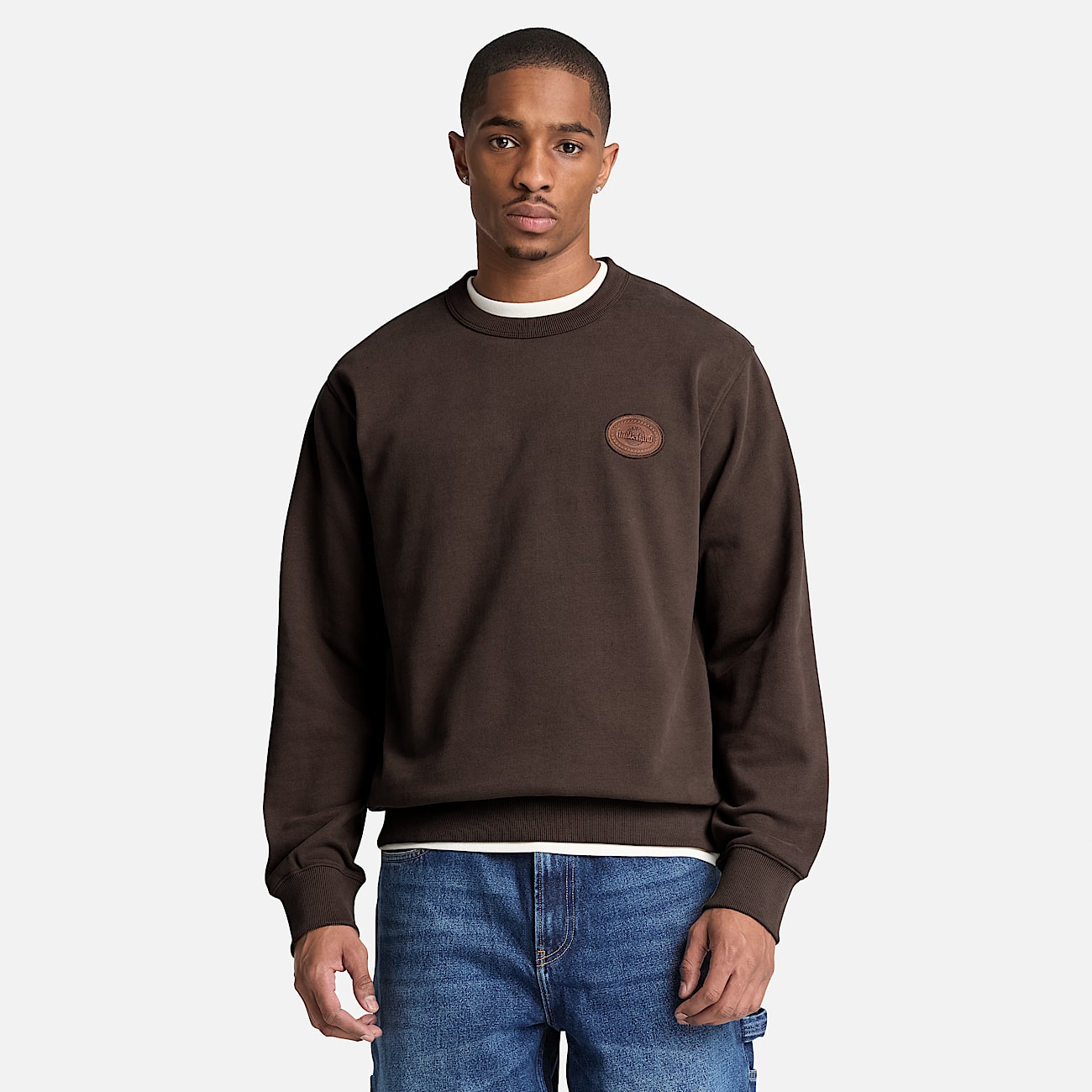Mens Leather Patch Crew Sweatshirt TBL Dark Brown ALT1
