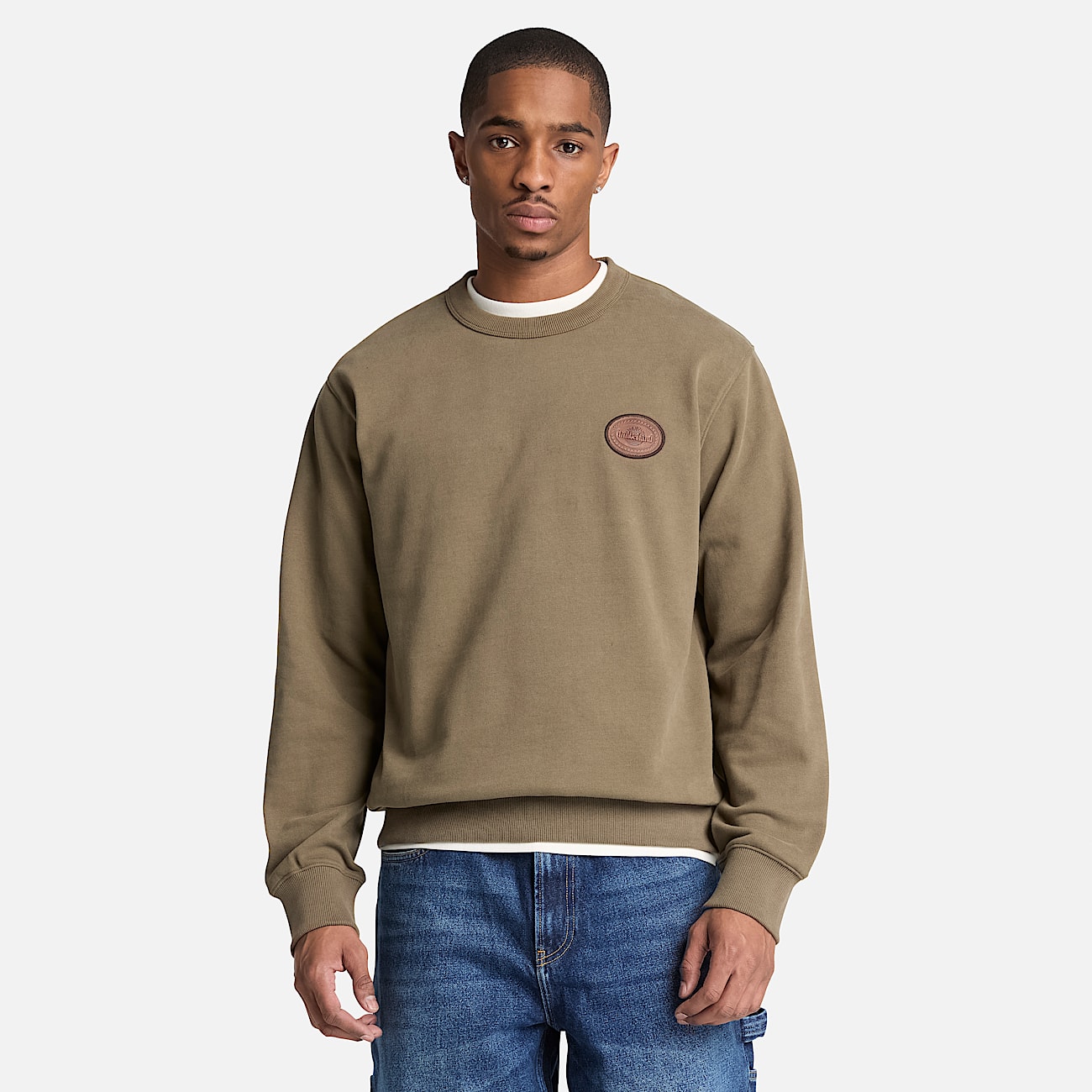 Mens Leather Patch Crew Sweatshirt TBL Dark Olive ALT1