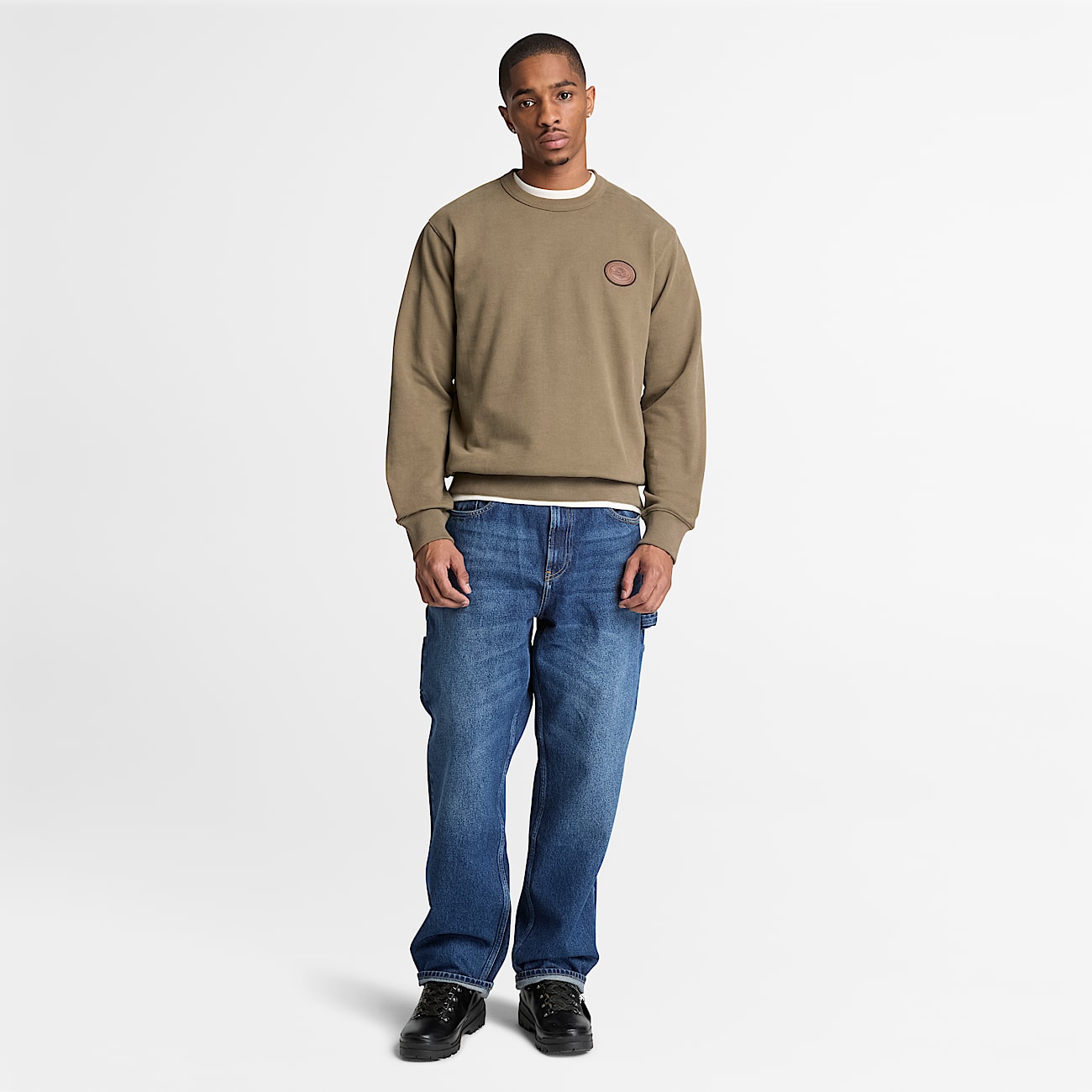 Mens Leather Patch Crew Sweatshirt TBL Dark Olive ALT2