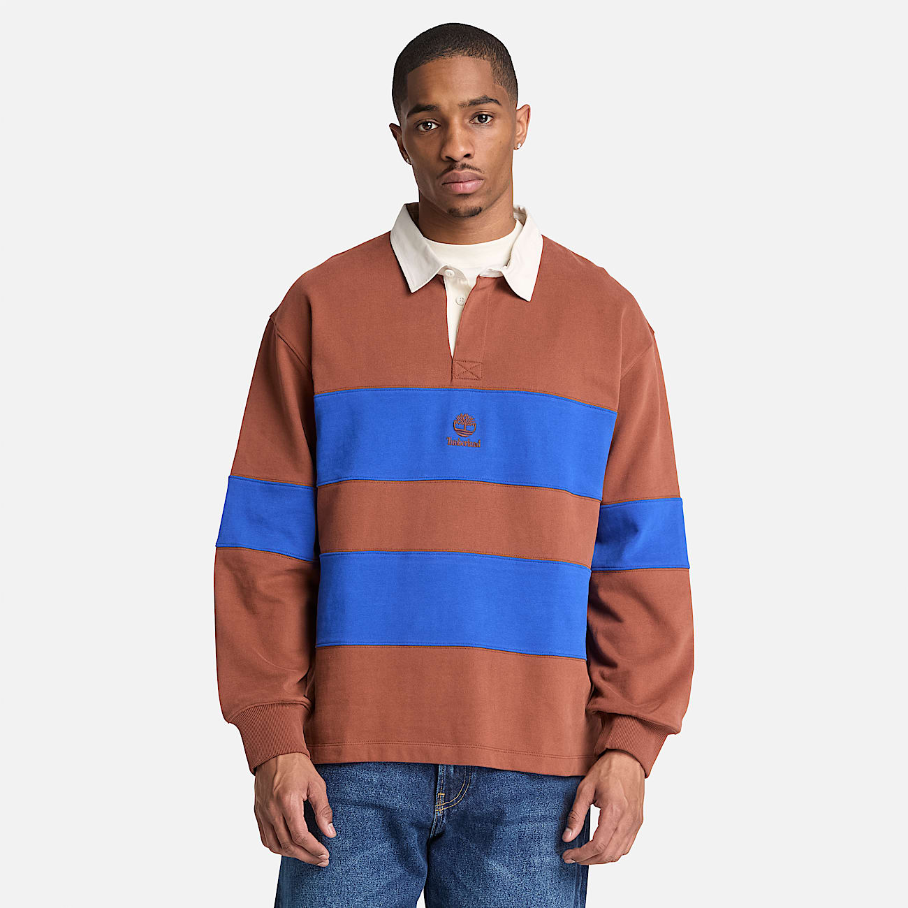 Mens Rugby Polo Sweatshirt TBL BrownBlue Stripe ALT1